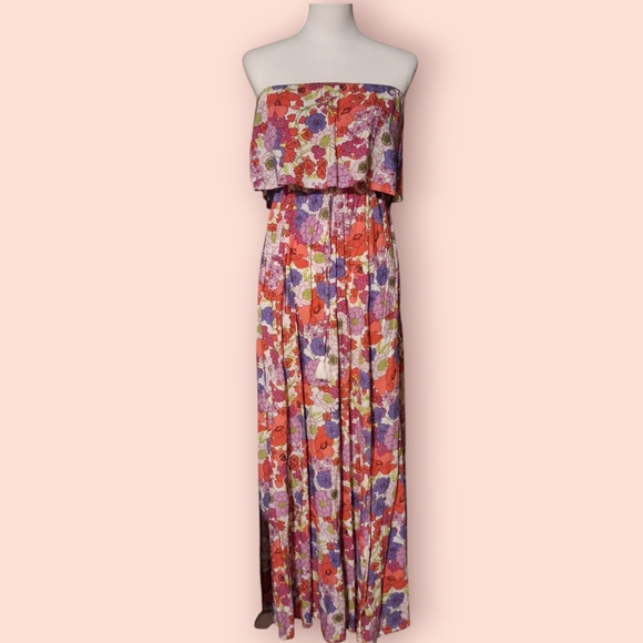 Japna Floral Maxi Dress Off Shoulders Strapless Fold Over Floral cottage tassels - Picture 1 of 6